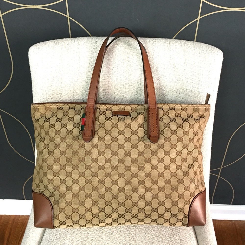 Gucci Beige Brown GG Supreme Canvas Tote with Leather Trim